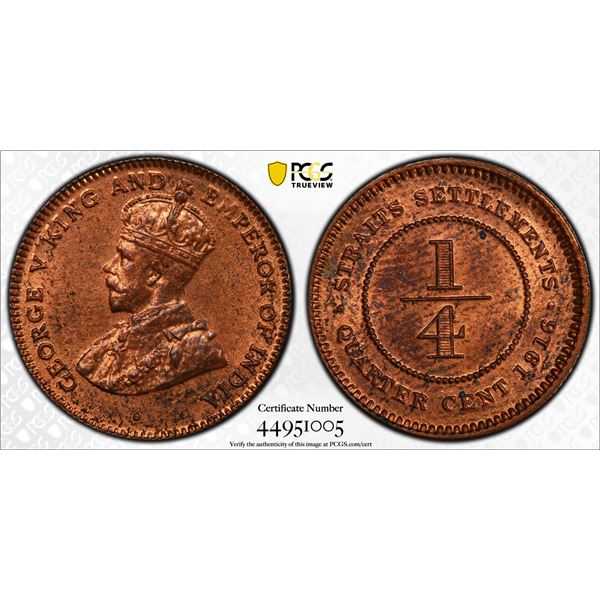 STRAITS SETTLEMENTS: George V, 1910-1936, ¼ cent, 1916, PCGS MS63 RB
