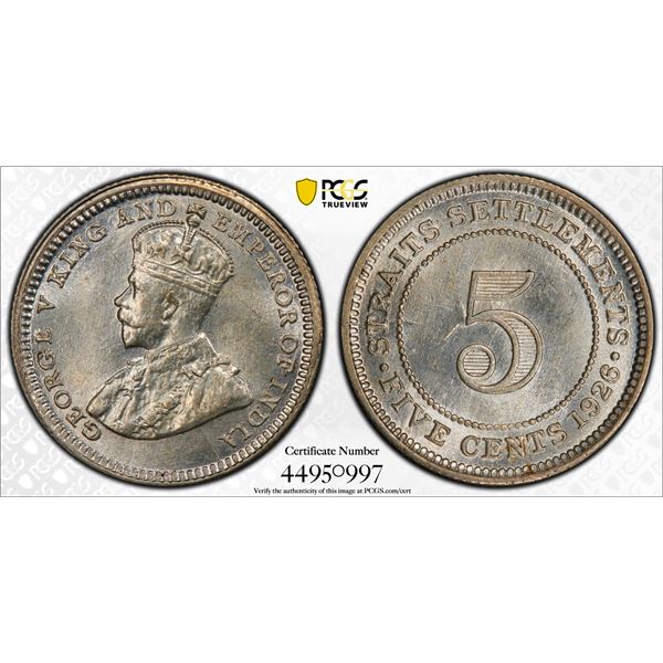 STRAITS SETTLEMENTS: George V, 1910-1936, AR 5 cents, 1926, PCGS MS64