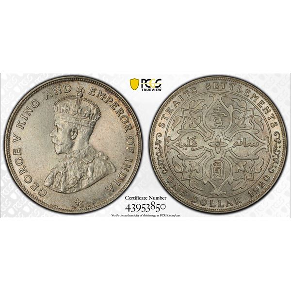 STRAITS SETTLEMENTS: George V, 1910-1936, AR dollar, 1920, PCGS MS64
