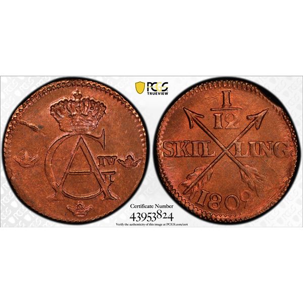 SWEDEN: Gustav IV Adolf, 1792-1809, AE 1/12 skilling, 1802, PCGS MS65 RD