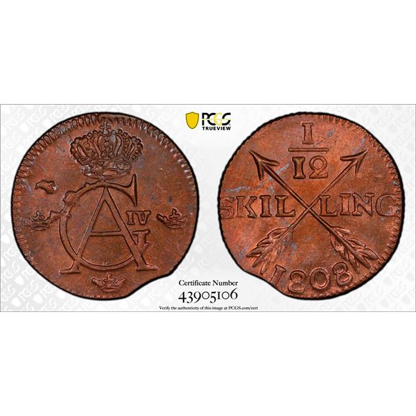 SWEDEN: Gustav IV Adolf, 1792-1809, AE 1/12 skilling, 1808, PCGS MS65 RB