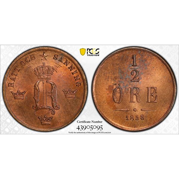 SWEDEN: Oscar I, 1844-1859, AE ½ ore, 1858/7, PCGS MS65 RB
