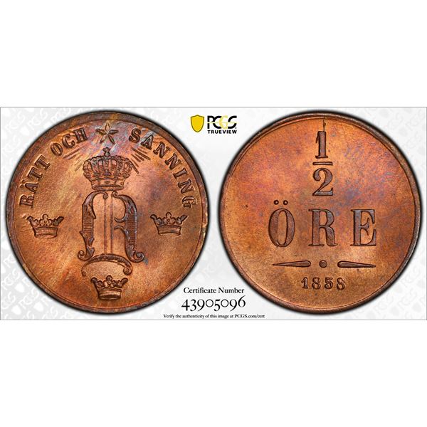 SWEDEN: Oscar I, 1844-1859, AE ½ ore, 1858, PCGS MS65 RB