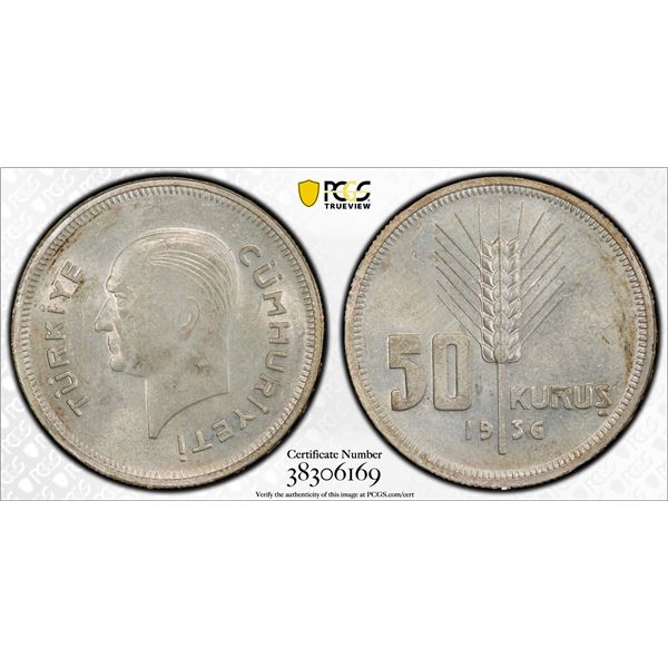 TURKEY: Republic, AR 50 kurush, 1936, PCGS MS63