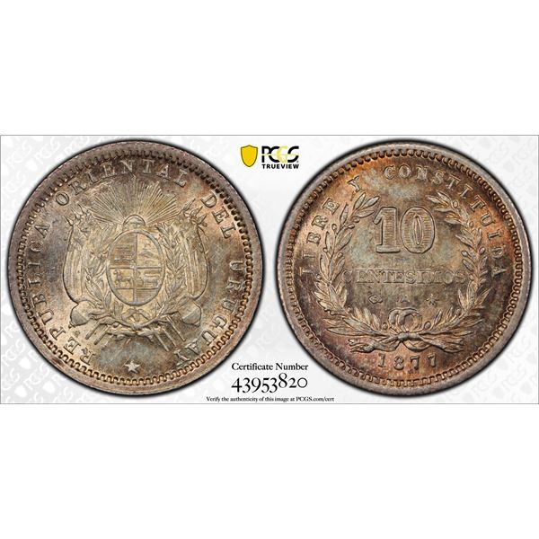 URUGUAY: Republic, AR 10 centesimos, 1877, PCGS MS65