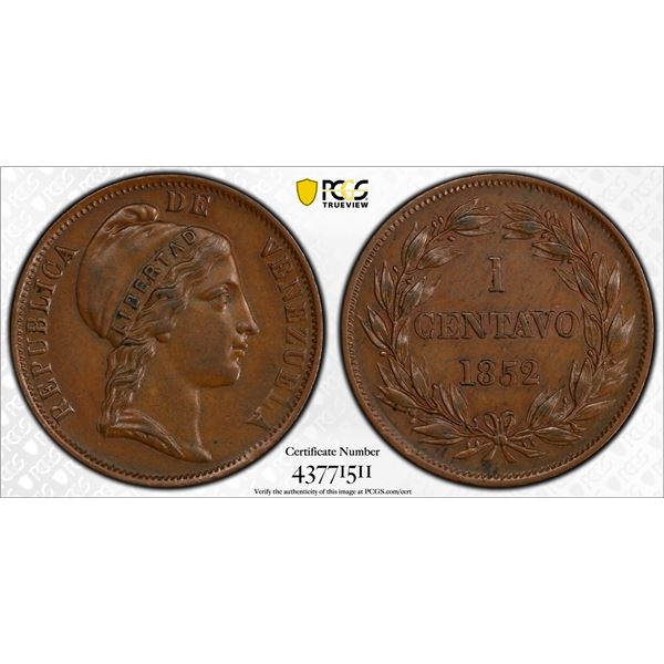 VENEZUELA: Republic, AE centavo, 1852, PCGS AU55
