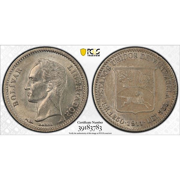 VENEZUELA: Republic, AR 25 centimos, 1911, PCGS UNC Details
