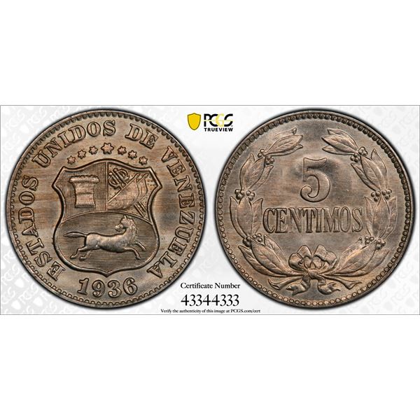 VENEZUELA: Republic, 5 centimos, 1936, PCGS MS65