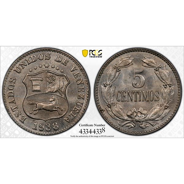 VENEZUELA: Republic, 5 centimos, 1938, PCGS MS64