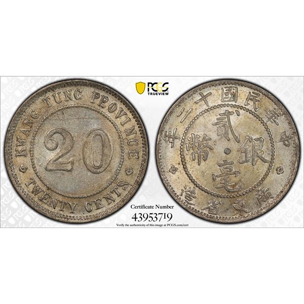 KWANGTUNG: Republic, AR 20 cents, year 12 (1923), PCGS MS61