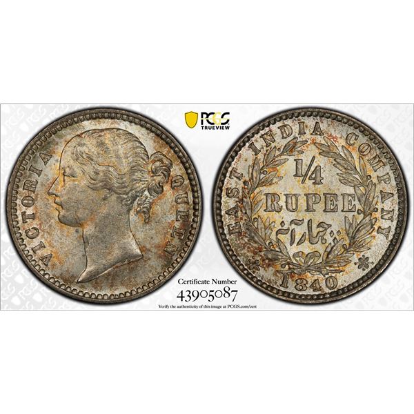 BRITISH INDIA: Victoria, Queen, 1837-1876, AR ¼ rupee, 1840(b&c), PCGS MS64