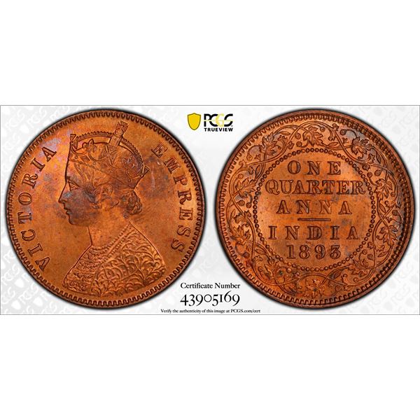 BRITISH INDIA: Victoria, Empress, 1876-1901, AE ¼ anna, 1893(c), PCGS MS65 RD
