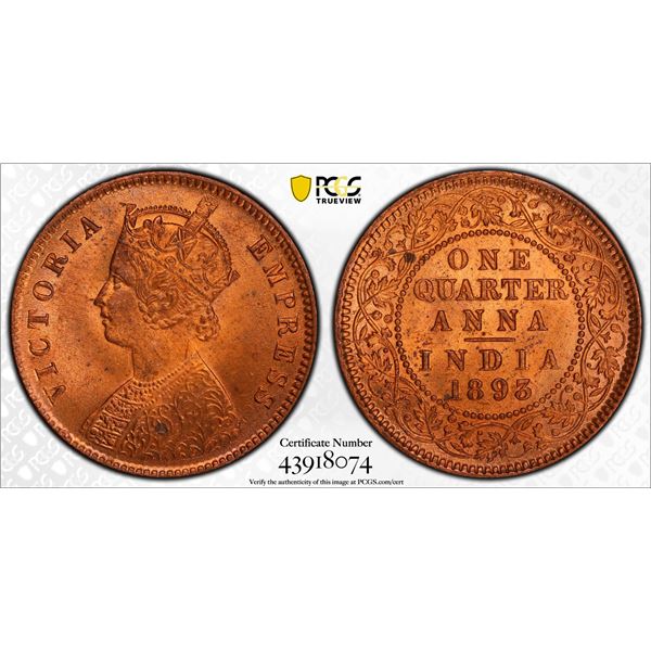 BRITISH INDIA: Victoria, Empress, 1876-1901, AE ¼ anna, 1893(c), PCGS MS65 RD