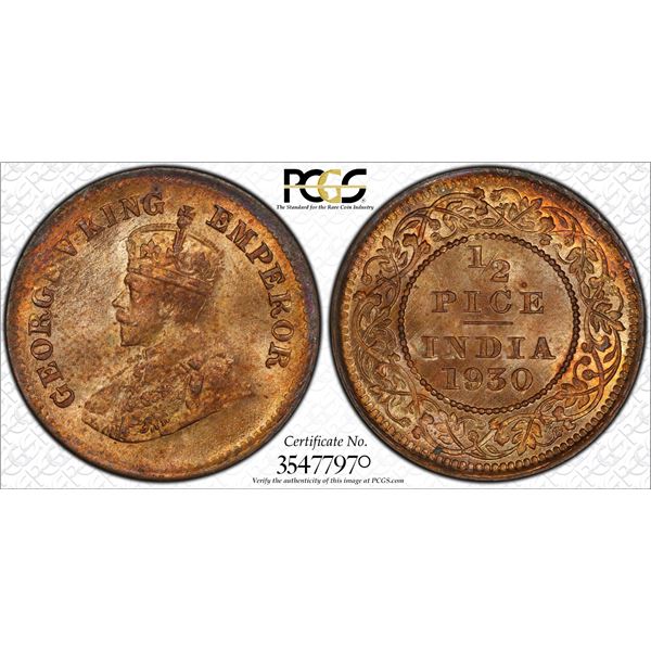 BRITISH INDIA: George V, 1910-1936, AE ½ pice, 1930(c), PCGS MS64 RB