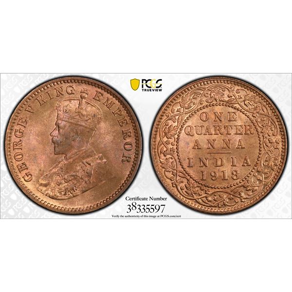 BRITISH INDIA: George V, 1910-1936, AE ¼ anna, 1918(c), PCGS MS66 RB