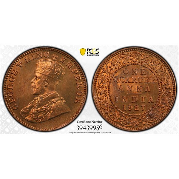 BRITISH INDIA: George V, 1910-1936, AE ¼ anna, 1927(b), PCGS MS66 RD