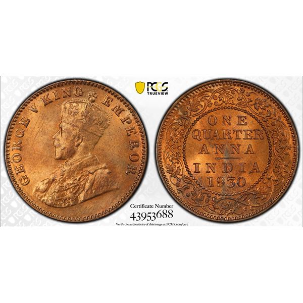 BRITISH INDIA: George V, 1910-1936, AE ¼ anna, 1930(b), PCGS MS65 RD