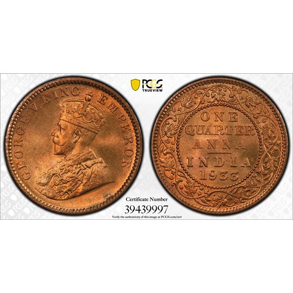 BRITISH INDIA: George V, 1910-1936, AE ¼ anna, 1933(c), PCGS MS66 RD