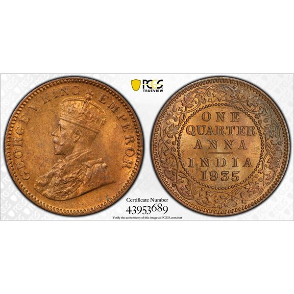 BRITISH INDIA: George V, 1910-1936, AE ¼ anna, 1935(c), PCGS MS65 RB