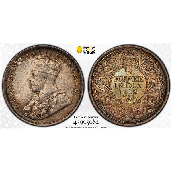 BRITISH INDIA: George V, 1910-1936, AR ¼ rupee, 1918(c), PCGS MS65