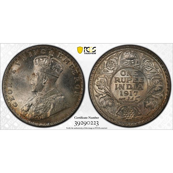 BRITISH INDIA: George V, 1910-1917, AR rupee, 1917(b), PCGS MS63