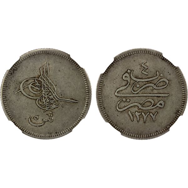 EGYPT: Abdul Aziz, 1861-1876, AR 5 qirsh, AH1277 year 4, NGC AU55