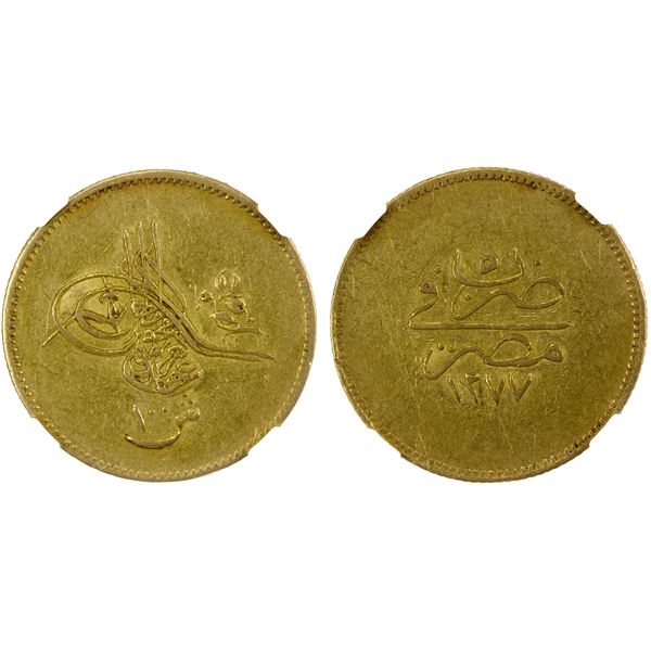 EGYPT: Abdul Aziz, 1861-1876, AV 100 qirsh, Misr, AH1277 year 5, NGC AU50