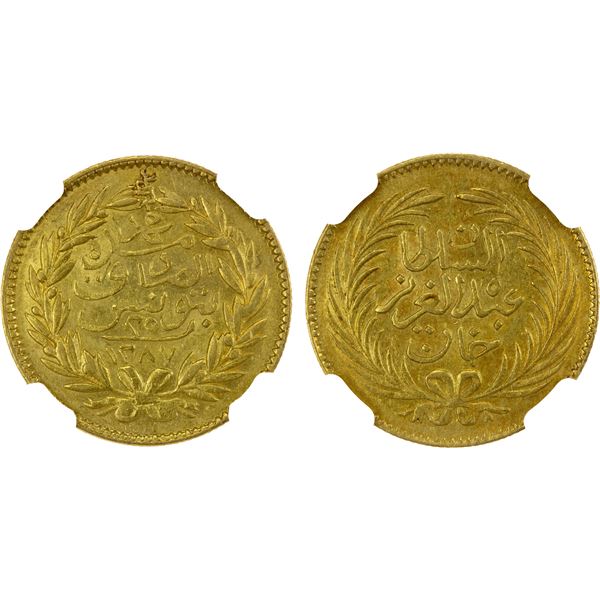 TUNIS: Muhammad al-Sadiq Bey, 1859-1882, AV 25 piastres, Tunis, AH1287, NGC AU58