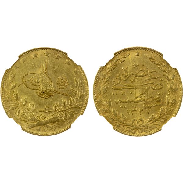 TURKEY: Mehmet V, 1909-1918, AV 100 kurush, Kostantiniye, AH1327 year 10, NGC AU58