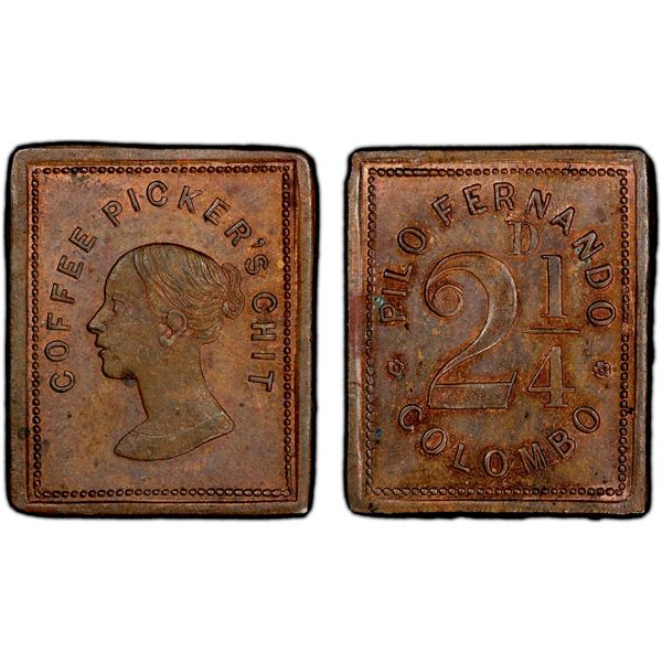 CEYLON: Victoria, 1837-1901, AE 2¼ pence token, ND (ca. 1860), PCGS MS63 BN