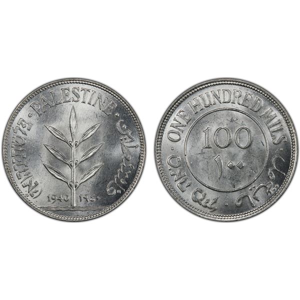 PALESTINE: British Mandate, AR 100 mils, 1940, PCGS MS64