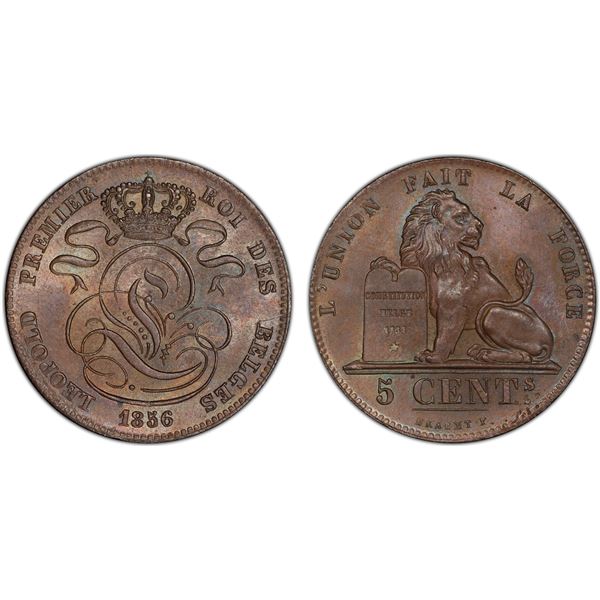 BELGIUM: Leopold I, 1831-1865, AE 5 centimes, 1856, PCGS MS64 BN