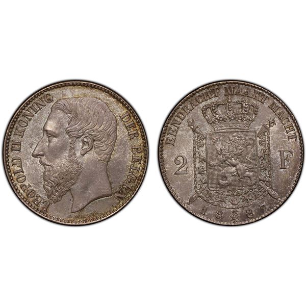 BELGIUM: Leopold II, 1865-1909, AR 2 francs, 1887, PCGS MS65
