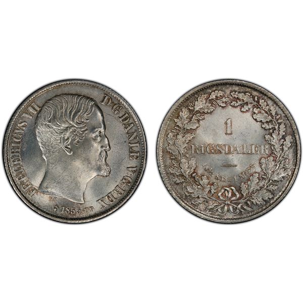 DENMARK: Frederik VII, 1848-1863, AR rigsdaler, 1855, PCGS MS64