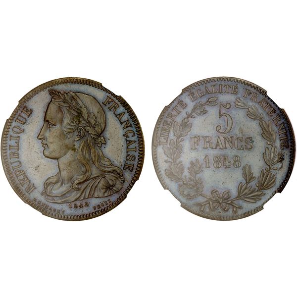 FRANCE: Second Republic, AE 5 francs, 1848, NGC MS63 BN