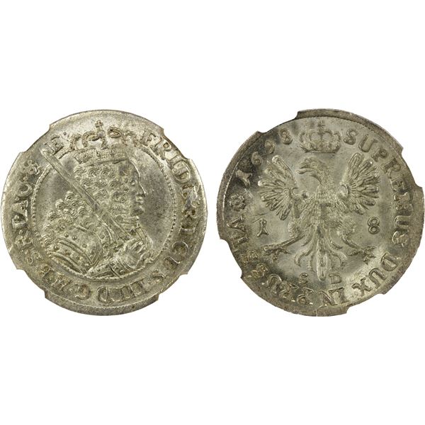 BRANDENBURG-PRUSSIA: Friedrich III, 1688-1701, AR 18 groschen, 1698, NGC MS66