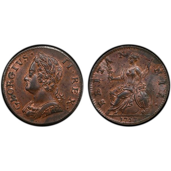 GREAT BRITAIN: George II, 1727-1760, AE halfpenny, 1753, PCGS MS63 RB