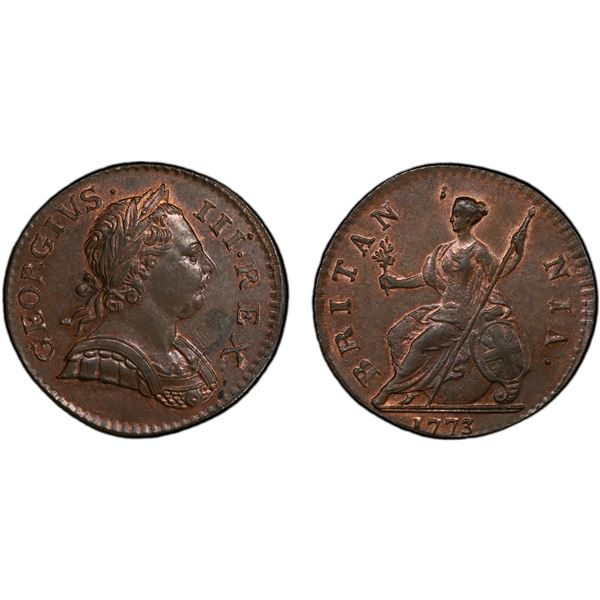 GREAT BRITAIN: George III, 1760-1820, AE halfpenny, 1773, PCGS MS64 BN