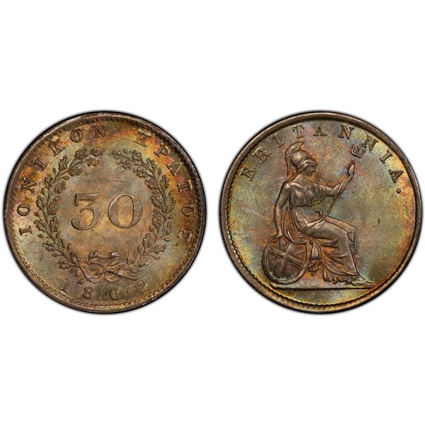 IONIAN ISLANDS: British Protectorate, AR 30 lepta, 1862, PCGS MS65
