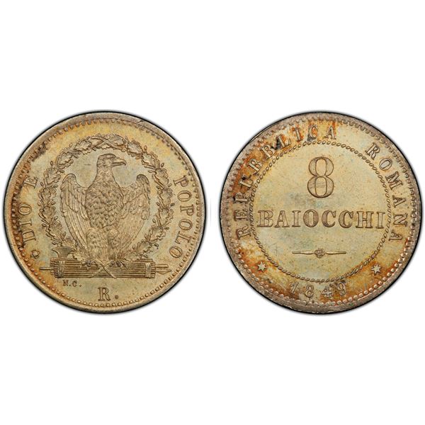 ROMAN REPUBLIC: Second Republic, BI 8 baiocchi, 1849-R, PCGS MS65