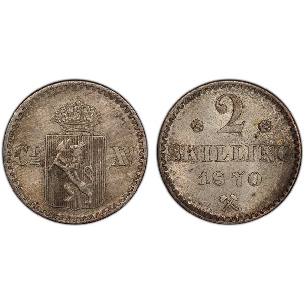 NORWAY: Carl XV, 1859-1872, AR 2 skilling, 1870, PCGS MS63