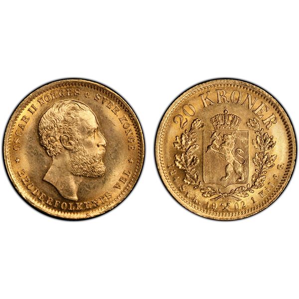 NORWAY: Oscar II, 1872-1905, AV 20 kroner, 1902, PCGS MS65