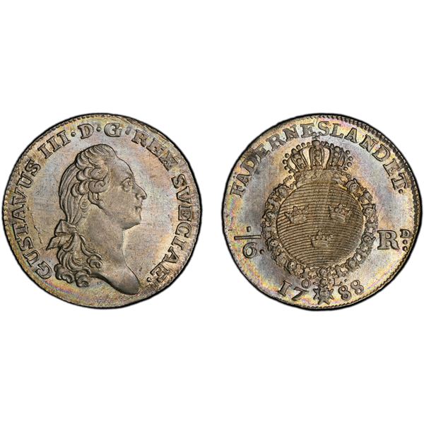 SWEDEN: Gustav III, 1771-1792, AR 1/6 riksdaler, 1788, PCGS MS64