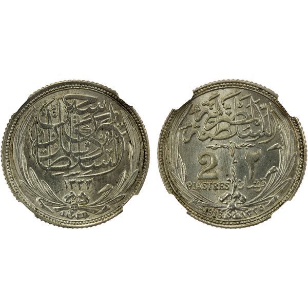 EGYPT: British Occupation, AR 2 piastres, 1916/AH1335, NGC MS65