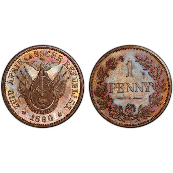 SOUTH AFRICA: Zuid-Afrikaansche Republiek, AE penny, 1890, PCGS Specimen 64 BN
