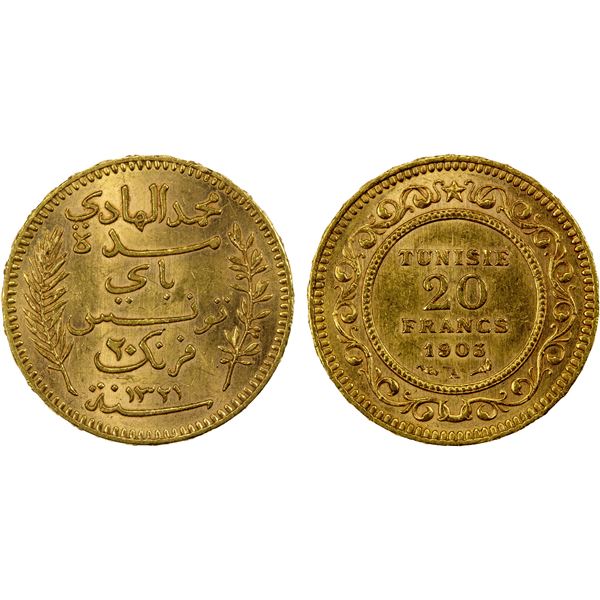 TUNISIA: Muhammad al-Hadi Bey, 1902-1906, AV 20 francs, 1903-A//AH1321, AU