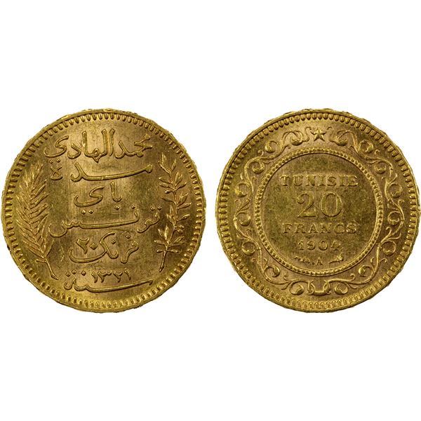 TUNISIA: Muhammad al-Hadi Bey, 1902-1906, AV 20 francs, 1904-A//AH1321, choice AU