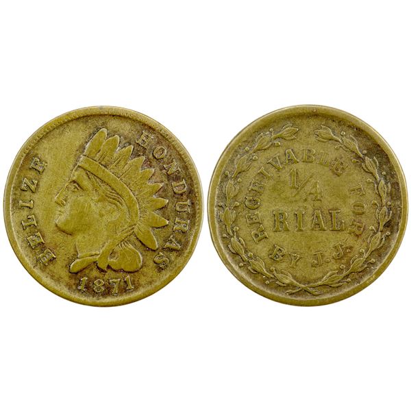 BRITISH HONDURAS: Token Issues, brass ¼ rial, 1871, VF