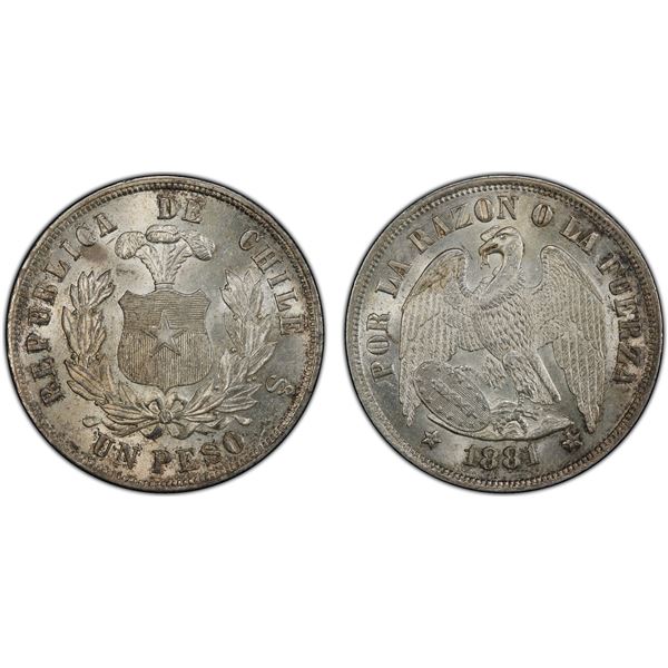 CHILE: Republic, AR peso, 1881-So, PCGS MS64