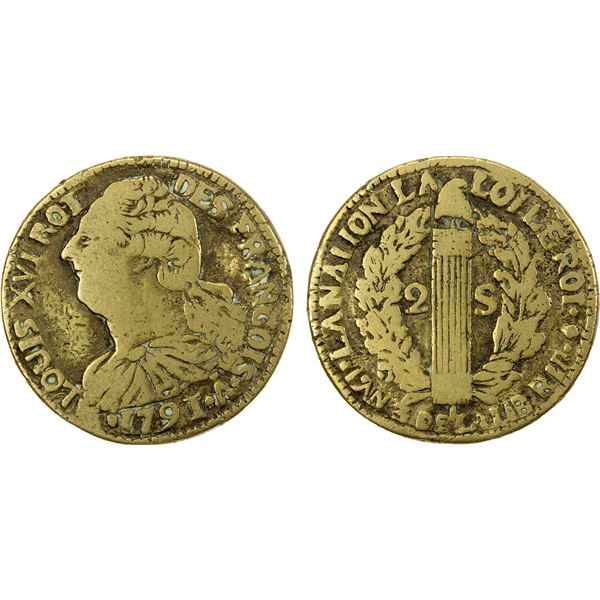 HAITI: Saint Domingue, 2 sols (18.69g), 1791-A, VG-F